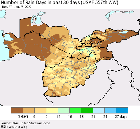 Central Asia Number of Rain Days in past 30 days (USAF 557th WW) 01/25/2022 Thematic Map For 1/21/2022 - 1/25/2022