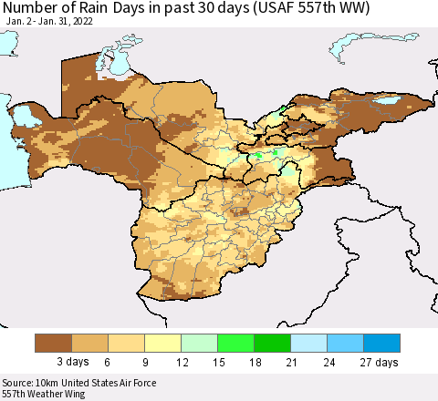 Central Asia Number of Rain Days in past 30 days (USAF 557th WW) 01/31/2022 Thematic Map For 1/26/2022 - 1/31/2022