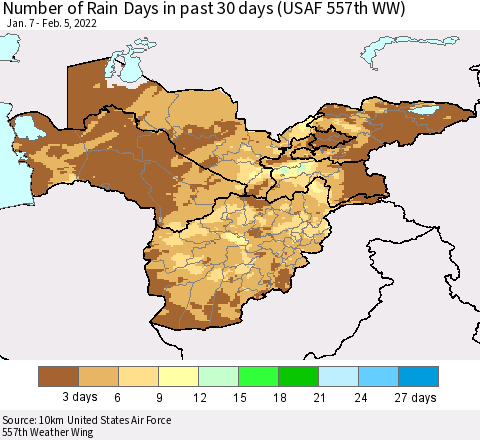 Central Asia Number of Rain Days in past 30 days (USAF 557th WW) 02/05/2022 Thematic Map For 2/1/2022 - 2/5/2022