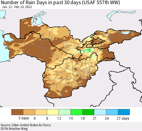 Central Asia Number of Rain Days in past 30 days (USAF 557th WW) 02/10/2022 Thematic Map For 2/6/2022 - 2/10/2022