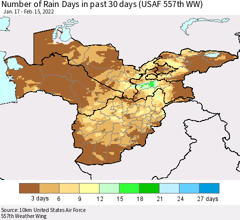 Central Asia Number of Rain Days in past 30 days (USAF 557th WW) 02/15/2022 Thematic Map For 2/11/2022 - 2/15/2022