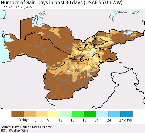 Central Asia Number of Rain Days in past 30 days (USAF 557th WW) 02/20/2022 Thematic Map For 2/16/2022 - 2/20/2022