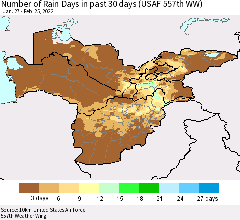 Central Asia Number of Rain Days in past 30 days (USAF 557th WW) 02/25/2022 Thematic Map For 2/21/2022 - 2/25/2022