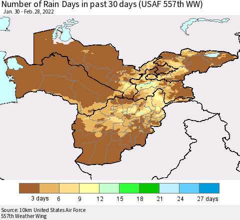 Central Asia Number of Rain Days in past 30 days (USAF 557th WW) 02/28/2022 Thematic Map For 2/26/2022 - 2/28/2022