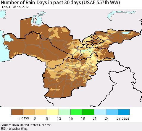 Central Asia Number of Rain Days in past 30 days (USAF 557th WW) 03/05/2022 Thematic Map For 3/1/2022 - 3/5/2022