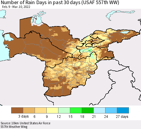 Central Asia Number of Rain Days in past 30 days (USAF 557th WW) 03/10/2022 Thematic Map For 3/6/2022 - 3/10/2022