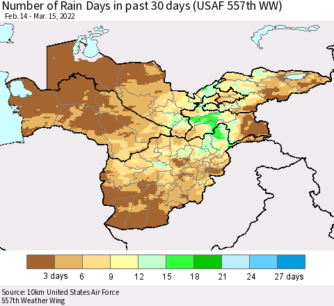 Central Asia Number of Rain Days in past 30 days (USAF 557th WW) 03/15/2022 Thematic Map For 3/11/2022 - 3/15/2022