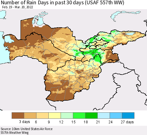 Central Asia Number of Rain Days in past 30 days (USAF 557th WW) 03/20/2022 Thematic Map For 3/16/2022 - 3/20/2022