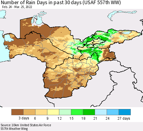 Central Asia Number of Rain Days in past 30 days (USAF 557th WW) 03/25/2022 Thematic Map For 3/21/2022 - 3/25/2022