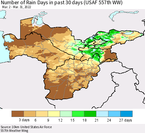 Central Asia Number of Rain Days in past 30 days (USAF 557th WW) 03/31/2022 Thematic Map For 3/26/2022 - 3/31/2022
