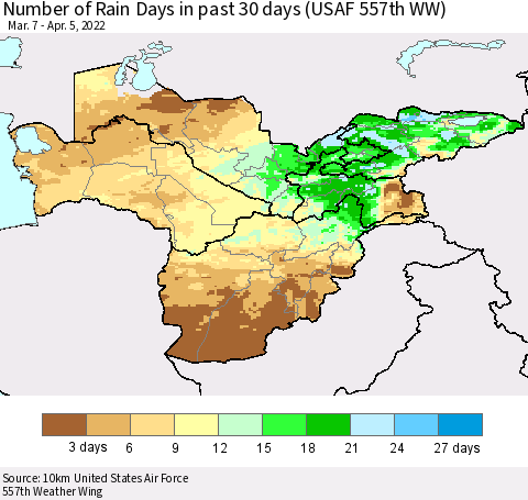 Central Asia Number of Rain Days in past 30 days (USAF 557th WW) 04/05/2022 Thematic Map For 4/1/2022 - 4/5/2022