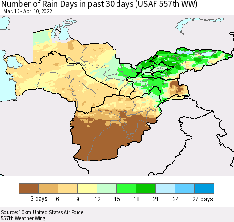 Central Asia Number of Rain Days in past 30 days (USAF 557th WW) 04/10/2022 Thematic Map For 4/6/2022 - 4/10/2022