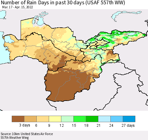 Central Asia Number of Rain Days in past 30 days (USAF 557th WW) 04/15/2022 Thematic Map For 4/11/2022 - 4/15/2022