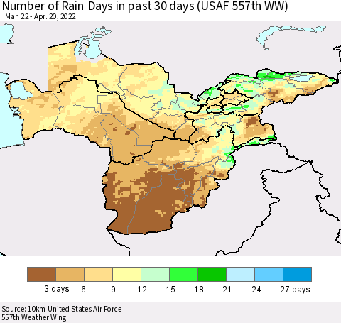 Central Asia Number of Rain Days in past 30 days (USAF 557th WW) 04/20/2022 Thematic Map For 4/16/2022 - 4/20/2022