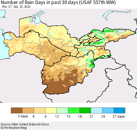 Central Asia Number of Rain Days in past 30 days (USAF 557th WW) 04/25/2022 Thematic Map For 4/21/2022 - 4/25/2022