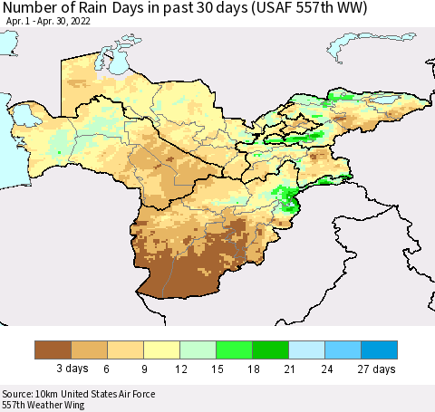 Central Asia Number of Rain Days in past 30 days (USAF 557th WW) 04/30/2022 Thematic Map For 4/26/2022 - 4/30/2022
