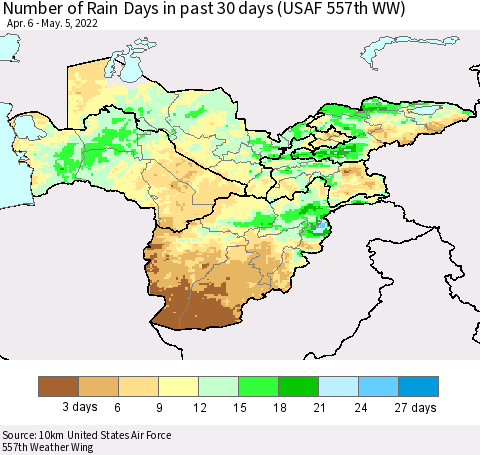Central Asia Number of Rain Days in past 30 days (USAF 557th WW) 05/05/2022 Thematic Map For 5/1/2022 - 5/5/2022
