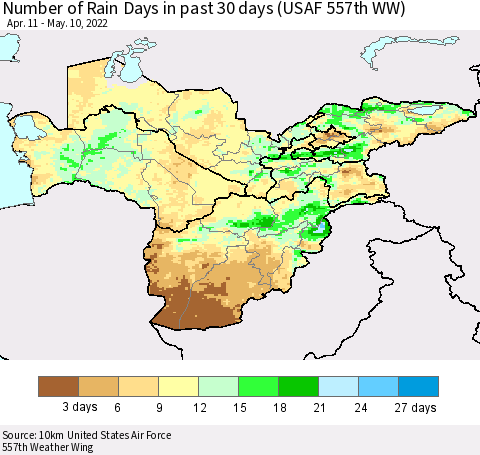 Central Asia Number of Rain Days in past 30 days (USAF 557th WW) 05/10/2022 Thematic Map For 5/6/2022 - 5/10/2022