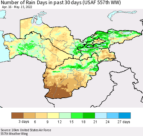 Central Asia Number of Rain Days in past 30 days (USAF 557th WW) 05/15/2022 Thematic Map For 5/11/2022 - 5/15/2022