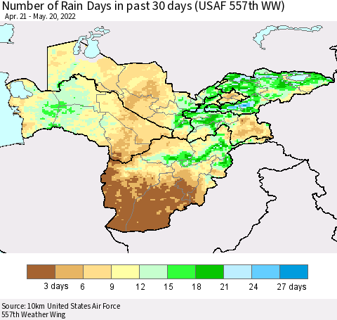 Central Asia Number of Rain Days in past 30 days (USAF 557th WW) 05/20/2022 Thematic Map For 5/16/2022 - 5/20/2022