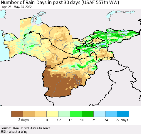 Central Asia Number of Rain Days in past 30 days (USAF 557th WW) 05/25/2022 Thematic Map For 5/21/2022 - 5/25/2022