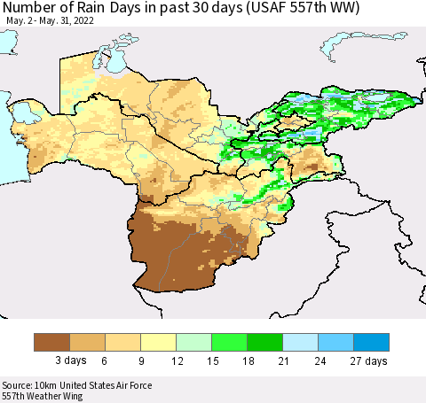 Central Asia Number of Rain Days in past 30 days (USAF 557th WW) 05/31/2022 Thematic Map For 5/26/2022 - 5/31/2022