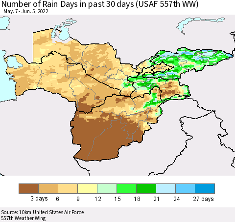 Central Asia Number of Rain Days in past 30 days (USAF 557th WW) 06/05/2022 Thematic Map For 6/1/2022 - 6/5/2022