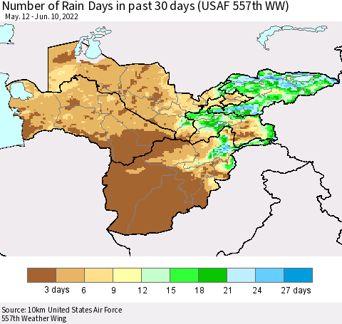 Central Asia Number of Rain Days in past 30 days (USAF 557th WW) 06/10/2022 Thematic Map For 6/6/2022 - 6/10/2022