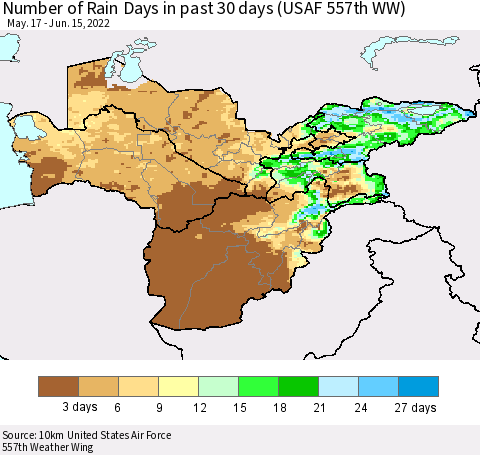 Central Asia Number of Rain Days in past 30 days (USAF 557th WW) 06/15/2022 Thematic Map For 6/11/2022 - 6/15/2022