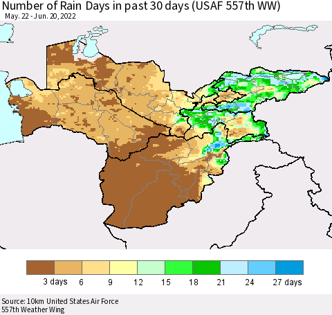 Central Asia Number of Rain Days in past 30 days (USAF 557th WW) 06/20/2022 Thematic Map For 6/16/2022 - 6/20/2022