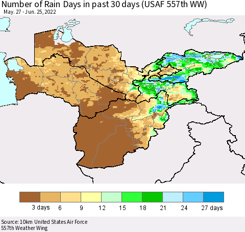 Central Asia Number of Rain Days in past 30 days (USAF 557th WW) 06/25/2022 Thematic Map For 6/21/2022 - 6/25/2022