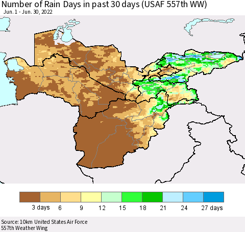 Central Asia Number of Rain Days in past 30 days (USAF 557th WW) 06/30/2022 Thematic Map For 6/26/2022 - 6/30/2022