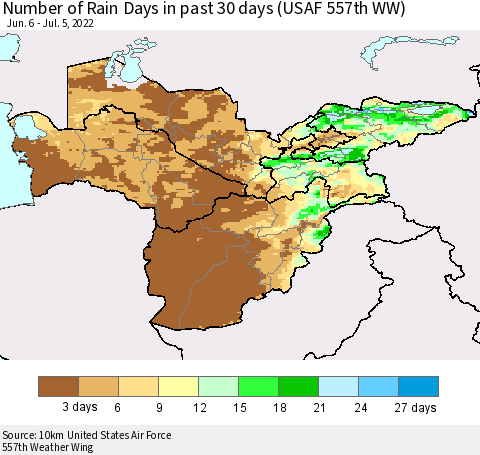 Central Asia Number of Rain Days in past 30 days (USAF 557th WW) 07/05/2022 Thematic Map For 7/1/2022 - 7/5/2022