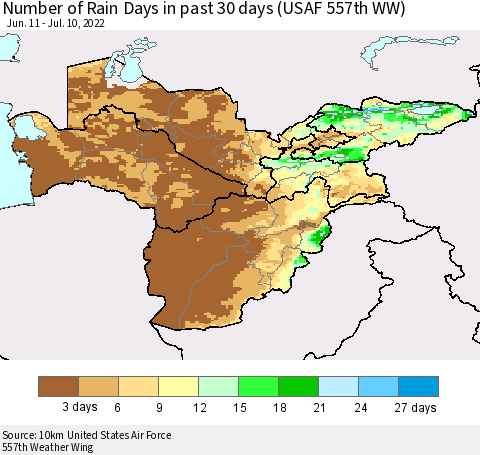 Central Asia Number of Rain Days in past 30 days (USAF 557th WW) 07/10/2022 Thematic Map For 7/6/2022 - 7/10/2022