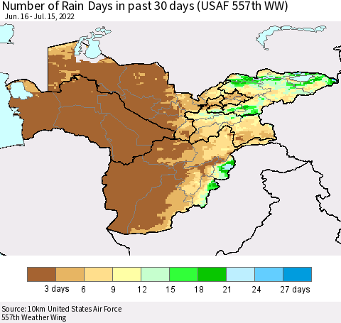 Central Asia Number of Rain Days in past 30 days (USAF 557th WW) 07/15/2022 Thematic Map For 7/11/2022 - 7/15/2022