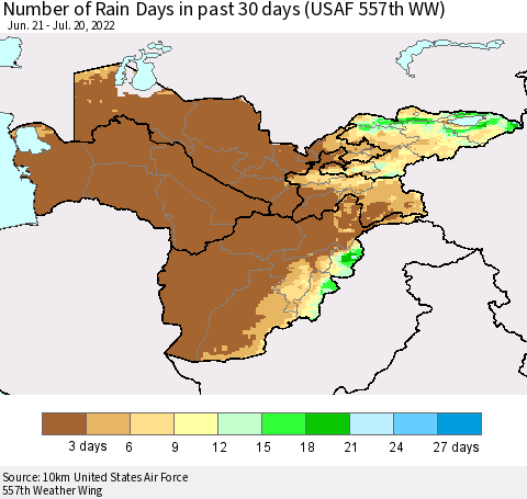 Central Asia Number of Rain Days in past 30 days (USAF 557th WW) 07/20/2022 Thematic Map For 7/16/2022 - 7/20/2022