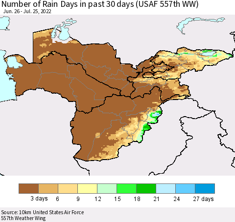 Central Asia Number of Rain Days in past 30 days (USAF 557th WW) 07/25/2022 Thematic Map For 7/21/2022 - 7/25/2022
