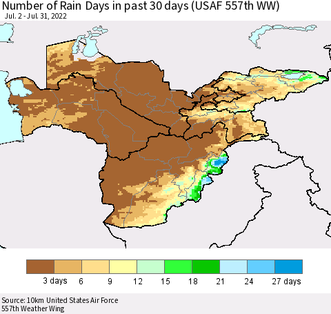Central Asia Number of Rain Days in past 30 days (USAF 557th WW) 07/31/2022 Thematic Map For 7/26/2022 - 7/31/2022