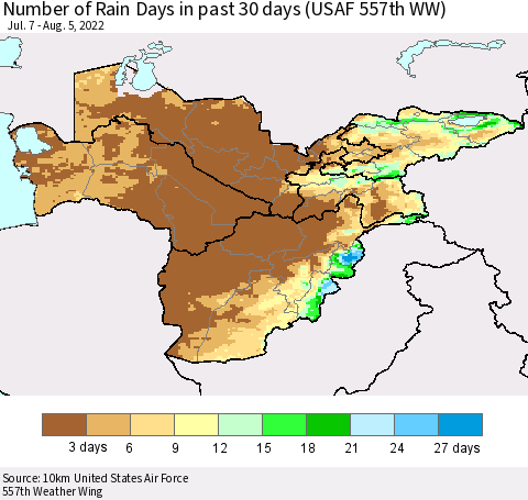 Central Asia Number of Rain Days in past 30 days (USAF 557th WW) 08/05/2022 Thematic Map For 8/1/2022 - 8/5/2022