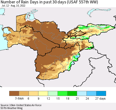 Central Asia Number of Rain Days in past 30 days (USAF 557th WW) 08/10/2022 Thematic Map For 8/6/2022 - 8/10/2022