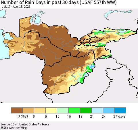 Central Asia Number of Rain Days in past 30 days (USAF 557th WW) 08/15/2022 Thematic Map For 8/11/2022 - 8/15/2022
