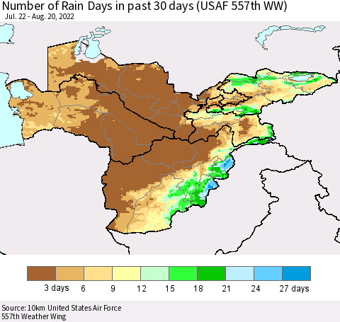 Central Asia Number of Rain Days in past 30 days (USAF 557th WW) 08/20/2022 Thematic Map For 8/16/2022 - 8/20/2022