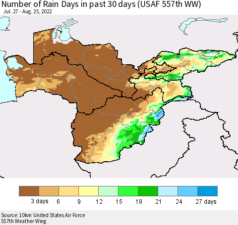 Central Asia Number of Rain Days in past 30 days (USAF 557th WW) 08/25/2022 Thematic Map For 8/21/2022 - 8/25/2022