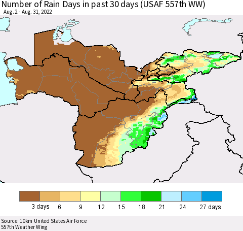 Central Asia Number of Rain Days in past 30 days (USAF 557th WW) 08/31/2022 Thematic Map For 8/26/2022 - 8/31/2022