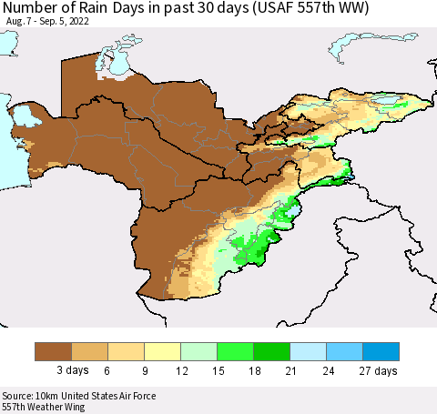 Central Asia Number of Rain Days in past 30 days (USAF 557th WW) 09/05/2022 Thematic Map For 9/1/2022 - 9/5/2022