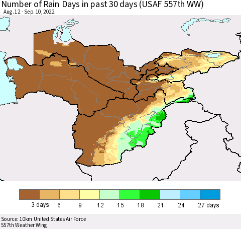Central Asia Number of Rain Days in past 30 days (USAF 557th WW) 09/10/2022 Thematic Map For 9/6/2022 - 9/10/2022
