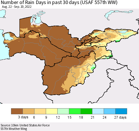 Central Asia Number of Rain Days in past 30 days (USAF 557th WW) 09/20/2022 Thematic Map For 9/16/2022 - 9/20/2022
