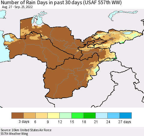 Central Asia Number of Rain Days in past 30 days (USAF 557th WW) 09/25/2022 Thematic Map For 9/21/2022 - 9/25/2022