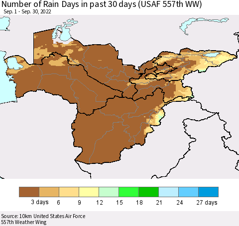 Central Asia Number of Rain Days in past 30 days (USAF 557th WW) 09/30/2022 Thematic Map For 9/26/2022 - 9/30/2022