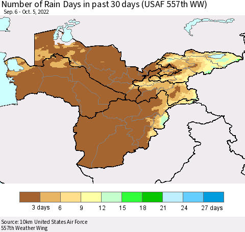 Central Asia Number of Rain Days in past 30 days (USAF 557th WW) 10/05/2022 Thematic Map For 10/1/2022 - 10/5/2022